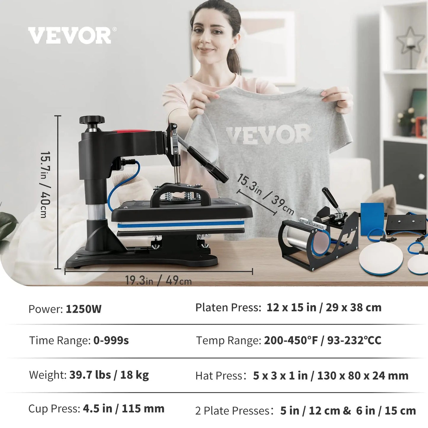 VEVOR Máquina de Prensa en Calor 5 en 1 Máquina de Impresión de Calor 29 x 38 cm Máquina de Transferencia de Calor Abatimiento de 360° Control Digital Inteligente para Camisetas, Gorras, Platos, Tazas VEVOR