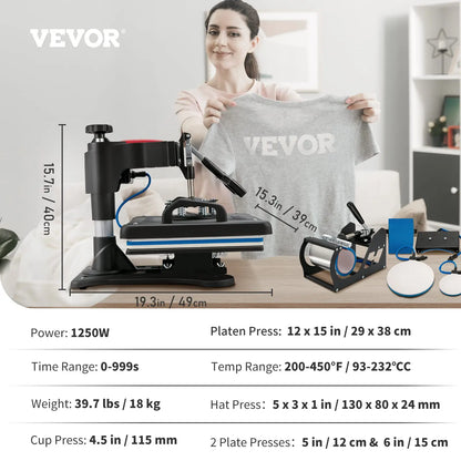 VEVOR Máquina de Prensa en Calor 5 en 1 Máquina de Impresión de Calor 29 x 38 cm Máquina de Transferencia de Calor Abatimiento de 360° Control Digital Inteligente para Camisetas, Gorras, Platos, Tazas VEVOR