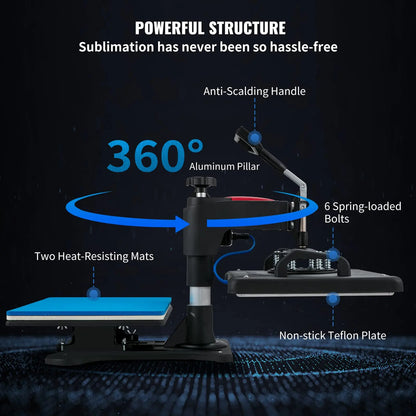 VEVOR Máquina de Prensa en Calor 5 en 1 Máquina de Impresión de Calor 29 x 38 cm Máquina de Transferencia de Calor Abatimiento de 360° Control Digital Inteligente para Camisetas, Gorras, Platos, Tazas VEVOR