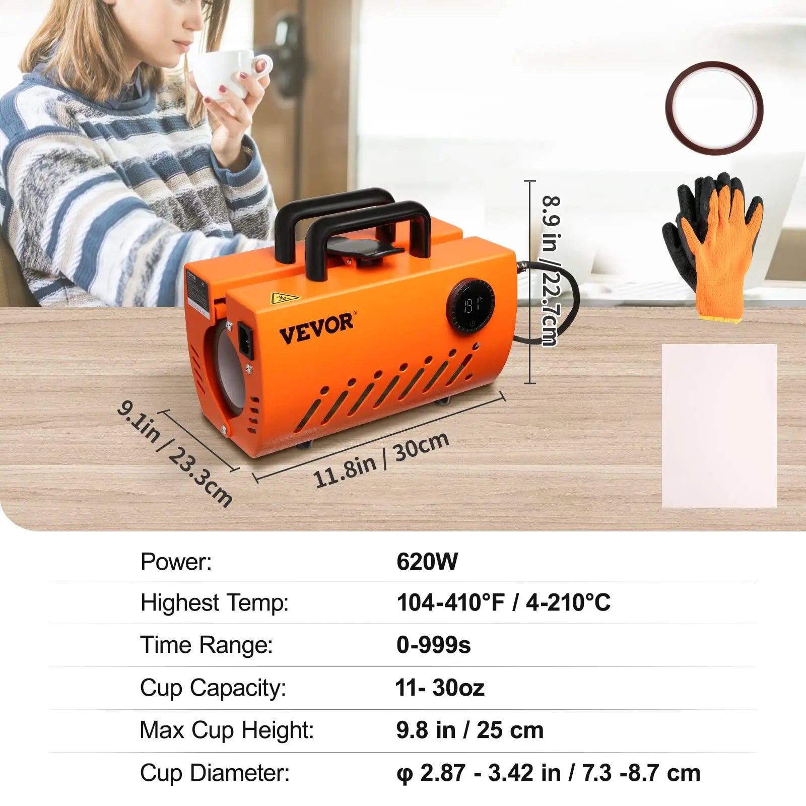 VEVOR Prensa Térmica para Tazas de 11-30 oz Prensa para Tazas Vasos 620 W Máquina de Impresión de Transferencia 23,5 x 11,5 x 1 cm con Guantes Resistentes al Calor y Cinta DIY Tazas de Cerámica Vasos VEVOR