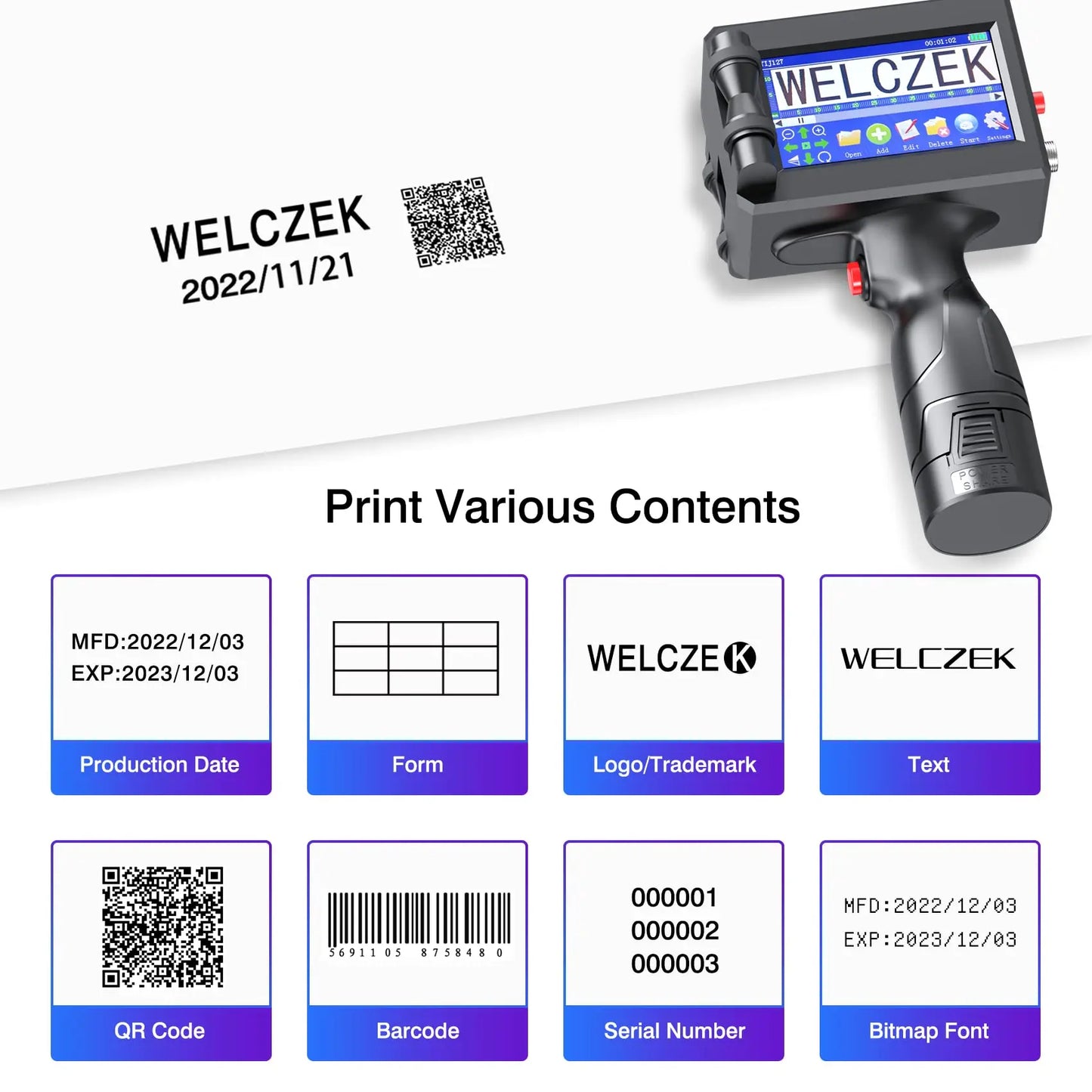 WELCZEK TIJ127 Impresora de Mano Portátil, Impresora de Inyección de Tinta de Mano con de Cartucho de Tinta de Secado Rápido, Impresora de Mano para Logotipos, Fecha, Etiqueta, Códigos QR etc WELCZEK
