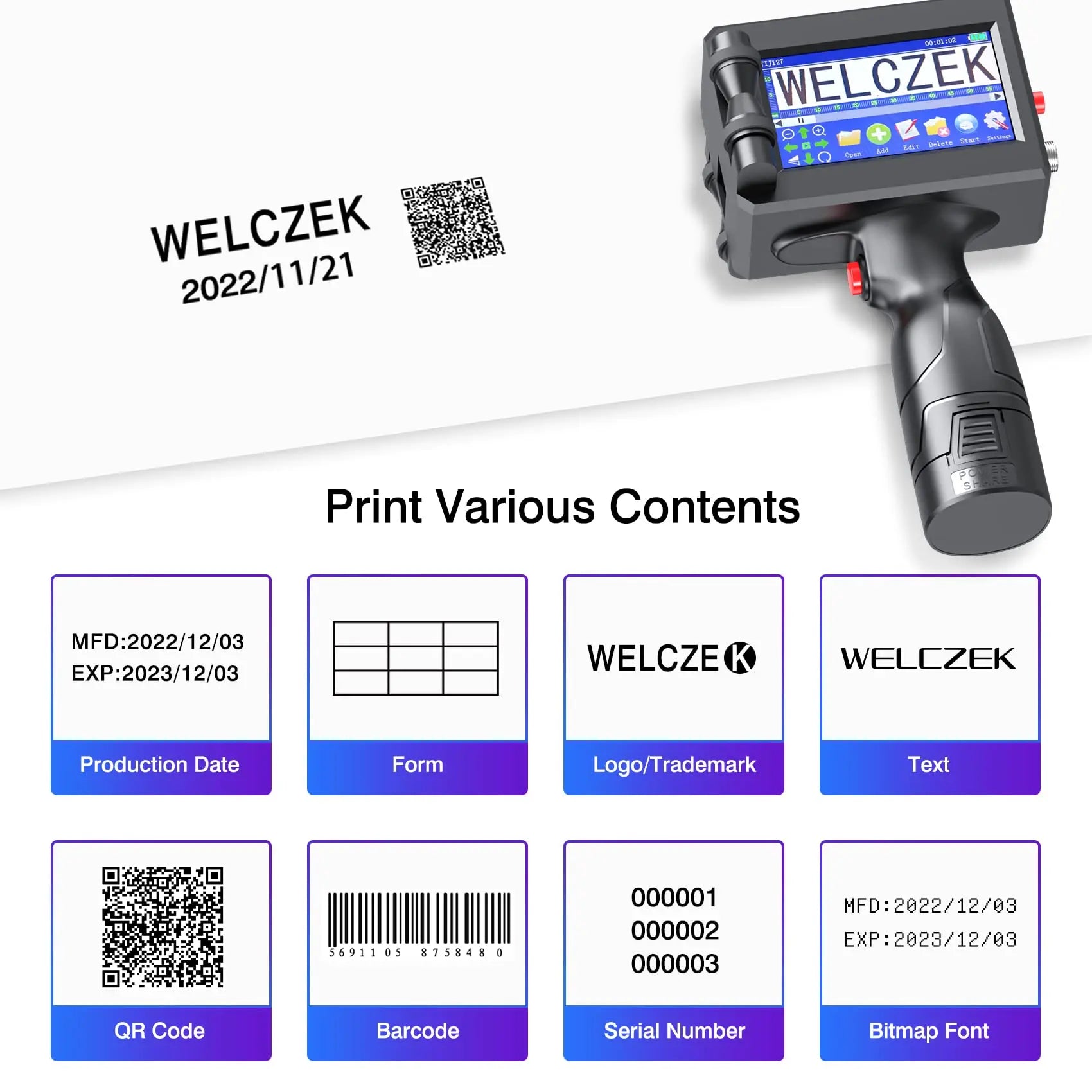 WELCZEK TIJ127 Impresora de Mano Portátil, Impresora de Inyección de Tinta de Mano con de Cartucho de Tinta de Secado Rápido, Impresora de Mano para Logotipos, Fecha, Etiqueta, Códigos QR etc WELCZEK